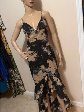 Lulu's Black High-Low Slip Dress with Tan Floral Print